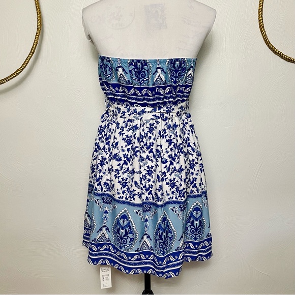 Indigo Paisley Strapless Mini Dress tie waist pockets CUPSHE size large - Picture 7 of 14